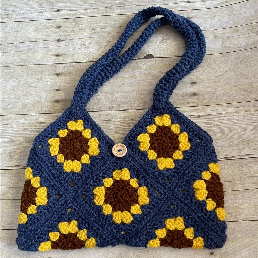 Sunflower Granny Square Lined Crochet Hand Crafted Bag - Picture 7 of 10